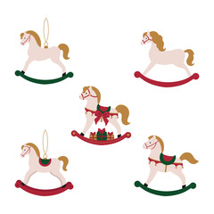 Christmas rocking horse. New year rocking horse with gifts. Merry Christmas. New Year. Xmas. Flat vector cartoon illustration. Wooden toy pony for design holiday decor, new year, greeting card. Horse 