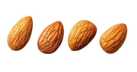 Four whole almonds arranged in a horizontal row against a black background.  Each almond is a light golden-brown color with a rough, textured surface