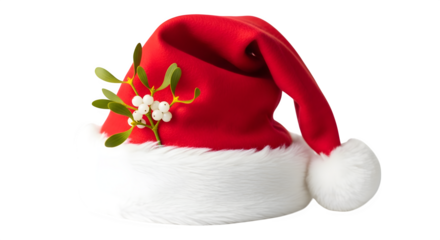 Red santa hat with mistletoe for christmas isolated on transparent background