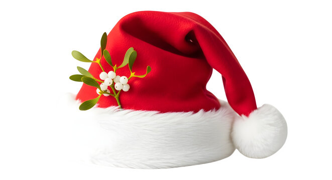 Red santa hat with mistletoe for christmas isolated on transparent background