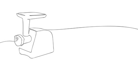 One line drawing of an electric meat grinder. Minimal continuous line art for kitchen, cooking, and appliance design with copy space