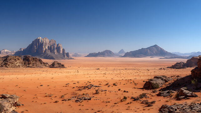 Vast desert panorama with towering rock formations under a clear blue sky landscape sand