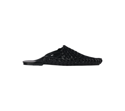 Men's black woven leather slippers, loafer shoe made of shiny black leather transparent background.