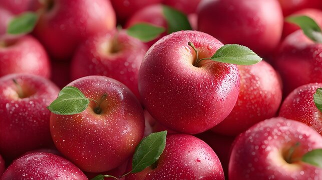 Close up view of ripe red s glistening with water droplets and adorned with green leaves piled bountifully to showcase their healthy natural appeal and vivid color