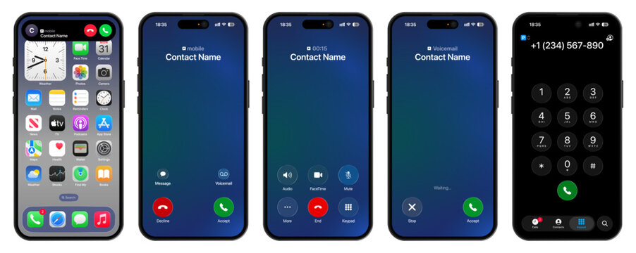iPhone call phone app UI screen vector design featuring calling, voicemail, and keypad interface, 2026 iOS 26 update shown on iPhone 17 Pro in modern style.
