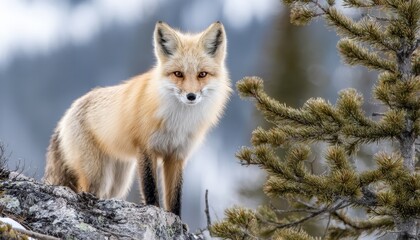 Alert wild canine stands on rocky outcrop beside evergreen foliage