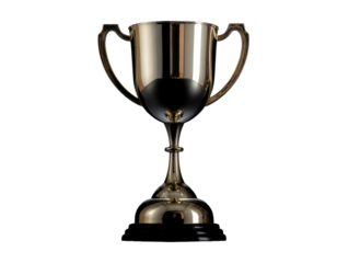 A shiny gold trophy cup with two handles sits on a black base against a plain white background.