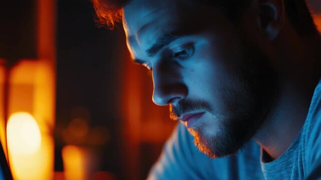 A man with a beard is looking at a computer screen. The screen is lit up and the man's face is illuminated