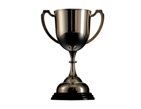 A shiny gold trophy cup with two handles sits on a black base against a plain white background. - Powered by Adobe