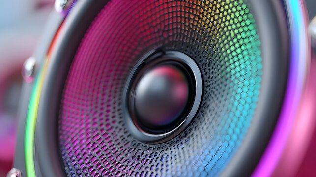 ro photograph of an advanced speaker showcasing its intricate mesh grille and central driver enhanced by radiant RGB LED illumination creating a captivating spectrum of colors