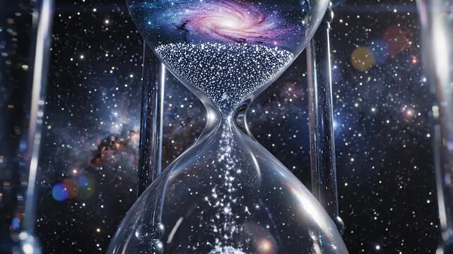 Cosmic hourglass representing flow of time with galaxy in upper bulb and countless shining particles falling through neck, vast starfield background with nebulae