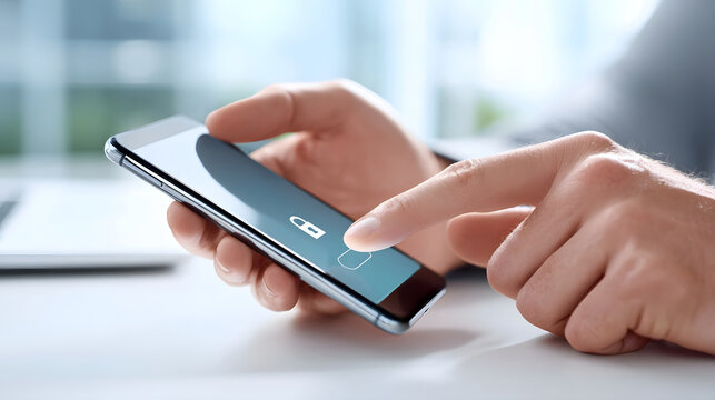 Close up of a user s finger interacting with a mobile phone s security login screen featuring a lock symbol and access prompt emphasizing digital safety