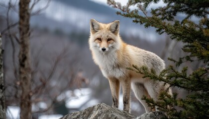 Obraz premium Wild canine mammal stands alertly on a rocky outcrop in a natural wooded environment