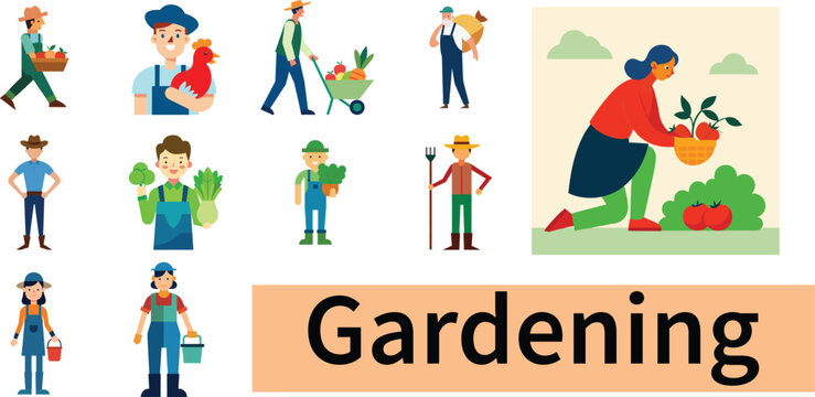 Diverse group of people engaged in various gardening activities and tasks outdoors