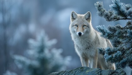 Naklejka premium Light colored canine stands alert atop a rock formation near frosted evergreen branches