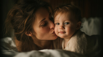 Mother shares a tender moment with her baby son on a cozy bed in soft light
