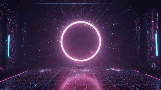 A mesmerizing journey through a futuristic digital corridor with vibrant neon lights and an enigmatic circular portal, showcasing intricate designs and ethereal energy patterns.