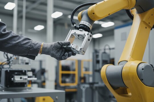 Yellow robotic arm and gloved worker handle a machined metal part in a modern factory.