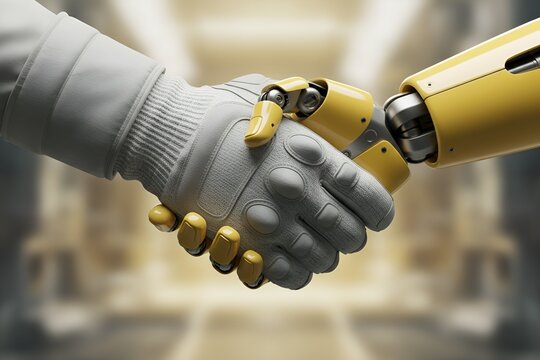  Gloved human hand shakes yellow robotic hand