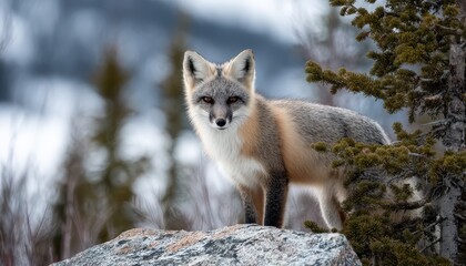 Wildlife mammal with mixed gray and tan fur stands alertly on a rock near evergreen foliage