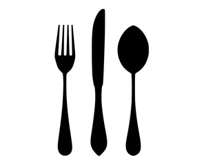 a black silhouette of a knife, fork and spoon on a transparent backgroundblack, cutlery, fork, profile, silverware, utensil 