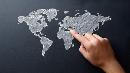 A human hand touches a chalk sketch of the world map on a dark chalkboard representing travel education or global reach