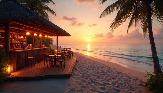 Beach bar with tables chairs under palm trees at sunset. Empty cafe by sea ocean water, calm waves on sand shore. Tropical island relaxation scene. - Powered by Adobe