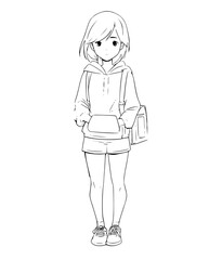 a line drawing of a girl standing with her arms crossed, wearing a hoodie and shortsbook, catch, drawing, girl, hand, illustration, school uniform, sketch, stand, sweatshirt, woman 