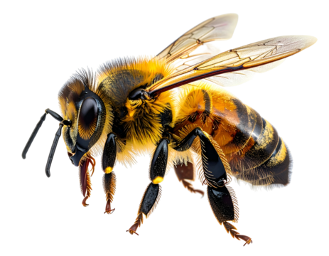 Detailed view of a honey bee in flight against a transparent background