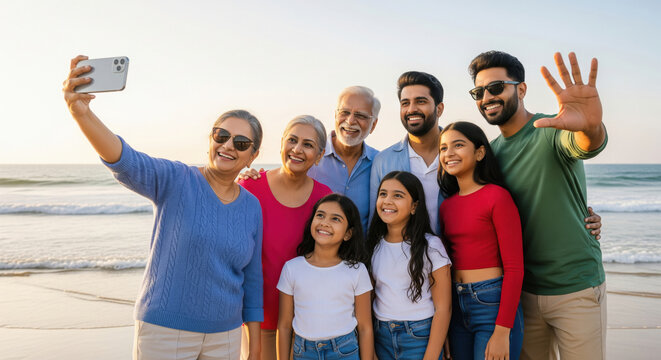Happy Multi-Generational Indian Family Takes Beach Sunset Selfie