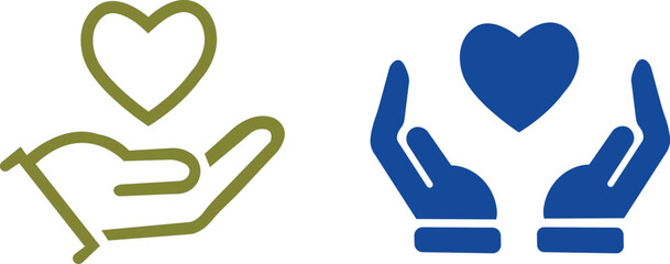 Heart in hand icon set.Outlined and solid icon pair of hands holding heart symbol, representing love, care, support, and charity in minimalist black design.Love, care healthcare symbol.