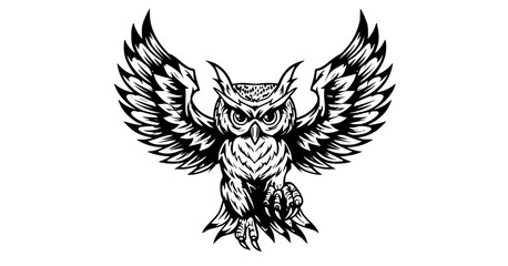a stylized owl with large wings, depicted in black and whitebird, black, claw, design, eagle, illustration, logo, owl, spread, symbol, tattoo, white, wing 