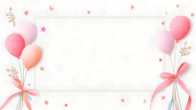 A soft textured background features bunches of pastel balloons ribbons and floral details creating a festive border around a central empty frame for personalized event greetings and announcements