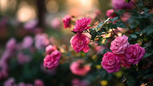 Vibrant pink roses blooming in soft sunlight rose bush flowers