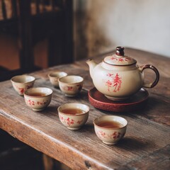 Traditional ceramic teapot with intricate red floral design, surrounded by matching cups on rustic wooden table, creating a serene tea-drinking atmosphere