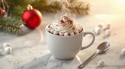 Hot Chocolate with Whipped Cream and Marshmallows on White Marble Countertop 
