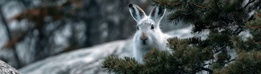 Obraz premium White hare peers out from behind dark evergreen foliage in a cold climate