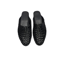 Men's black woven leather slippers, loafer shoe made of shiny black leather transparent background.