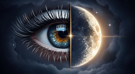 Surreal eye with long lashes juxtaposed against a detailed moon in a starry night sky creating a dreamy celestial vision of inner and outer worlds