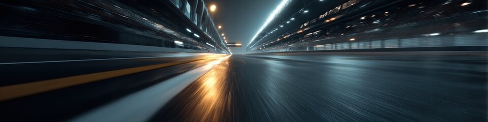 A dynamic view of a road captured at high speed, showcasing streaks of light and reflections on a wet surface, creating a sense of motion and excitement.