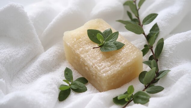 Still Life. Aromatic Bar on Soft White Terry Cloth, Complemented by Green Twigs.