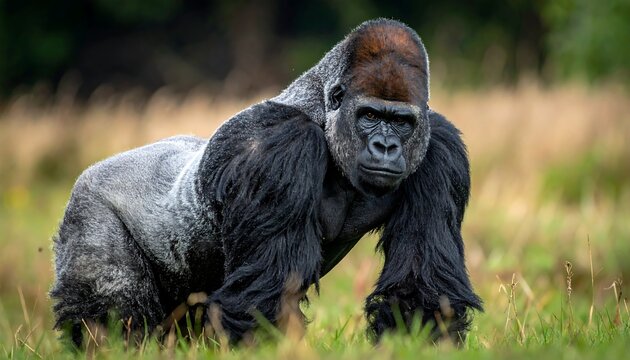 A majestic silverback gorilla stands proudly in grassy field, looking straight ahead