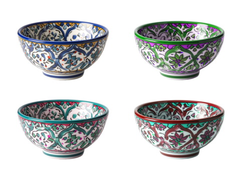 A Set of Four Colorful Traditional Hand-Painted Ceramic Bowls isolated on transparent background - Powered by Adobe