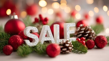 Festive SALE lettering with glitter surrounded by red Christmas ornaments pine branches and pinecones set against a bokeh background of warm lights evoking holiday shopping spirit