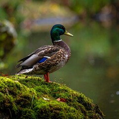 Fototapeta premium A mallard duck standing on mossy rock by a pond