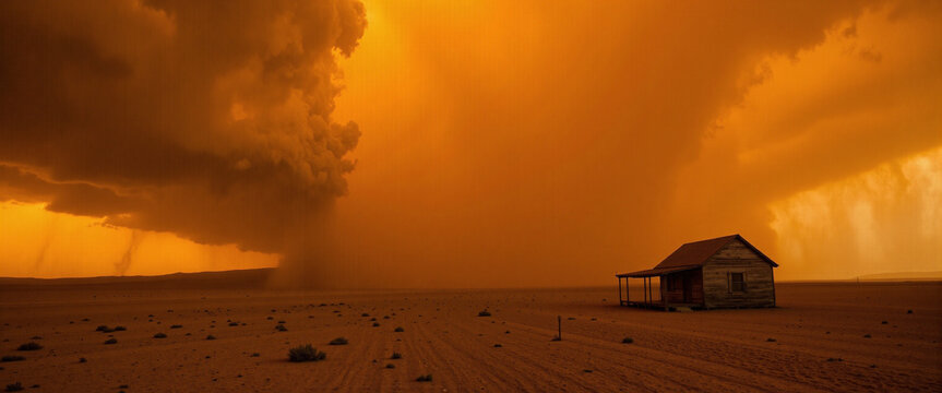 Desert landscape with a storm approaching and an abandoned house - Concept of Nature Today  