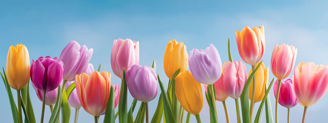 Colorful tulips under blue sky, soft shadows, pastel colors, spring vibes