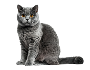 Fluffy gray feline with striking orange eyes sits posed