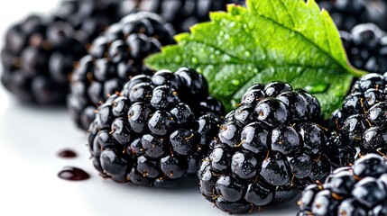 Close-up of ripe blackberries with green leaf.