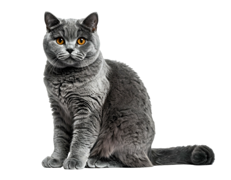 Fluffy gray feline with striking orange eyes sits posed